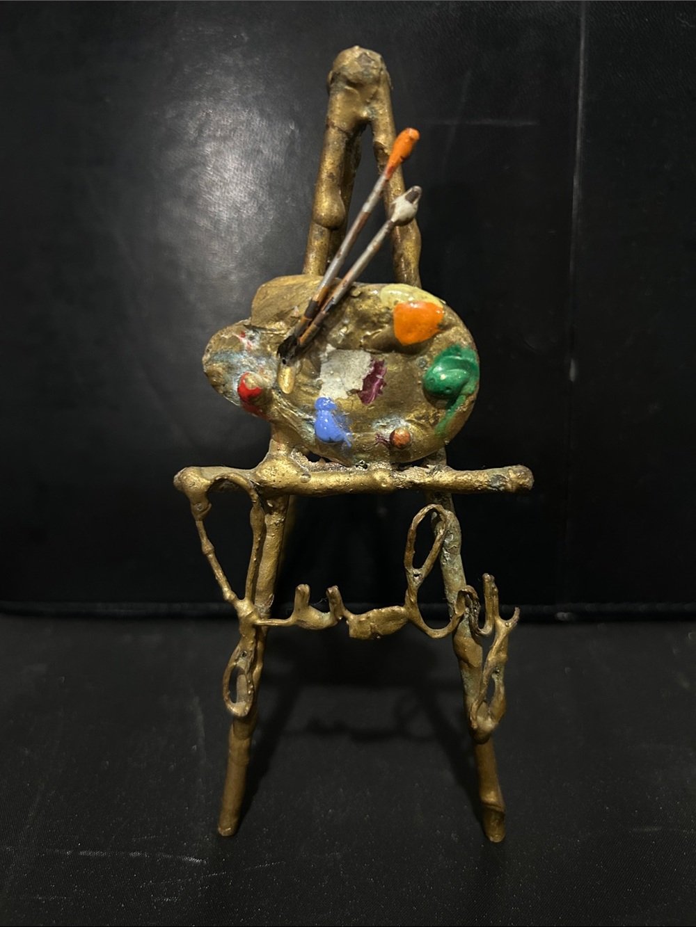 Vintage Bronze Miniature Artist Easel Figurine with Multicolor Palet